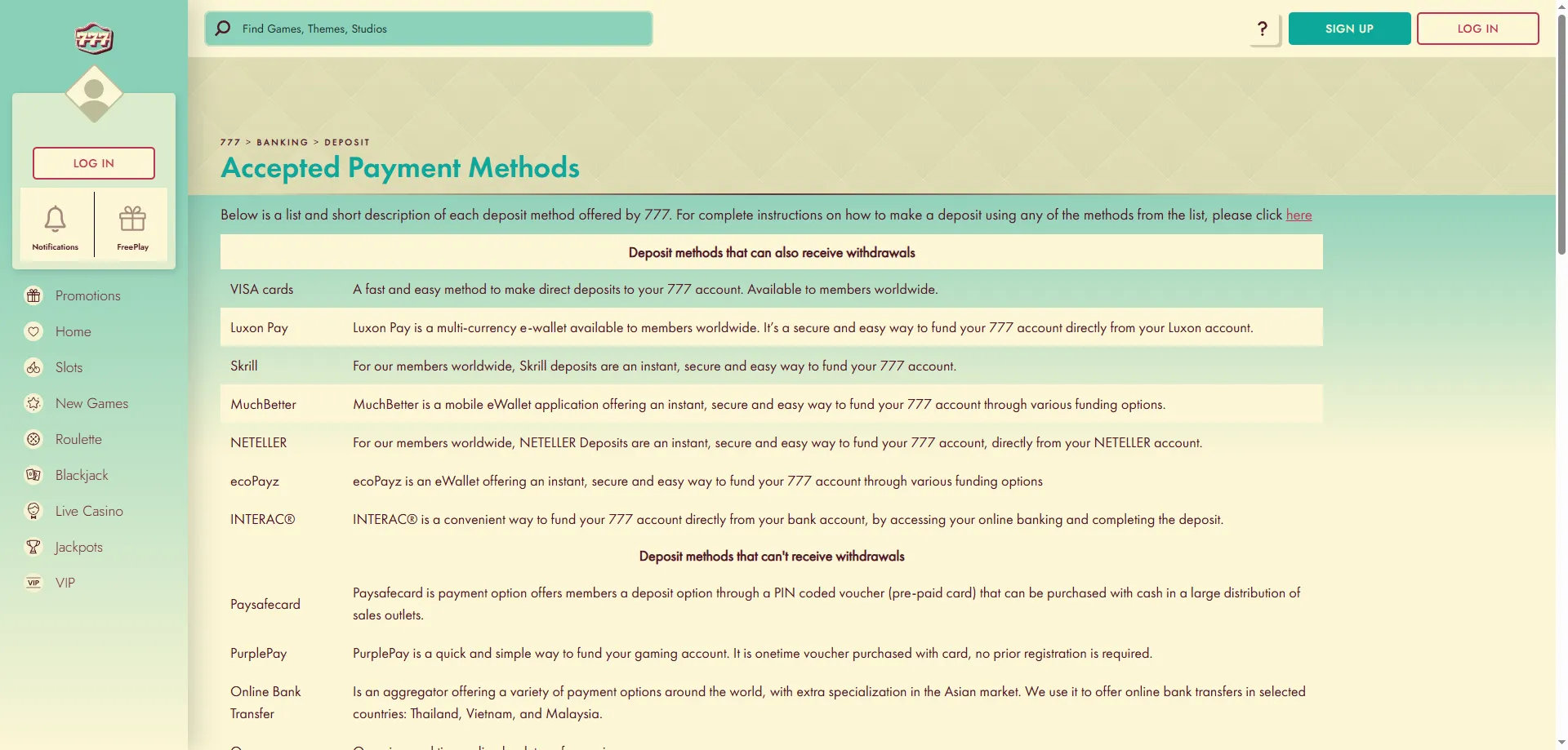 777 Casino deposit and withdrawal methods &mdash; secure mobile payments